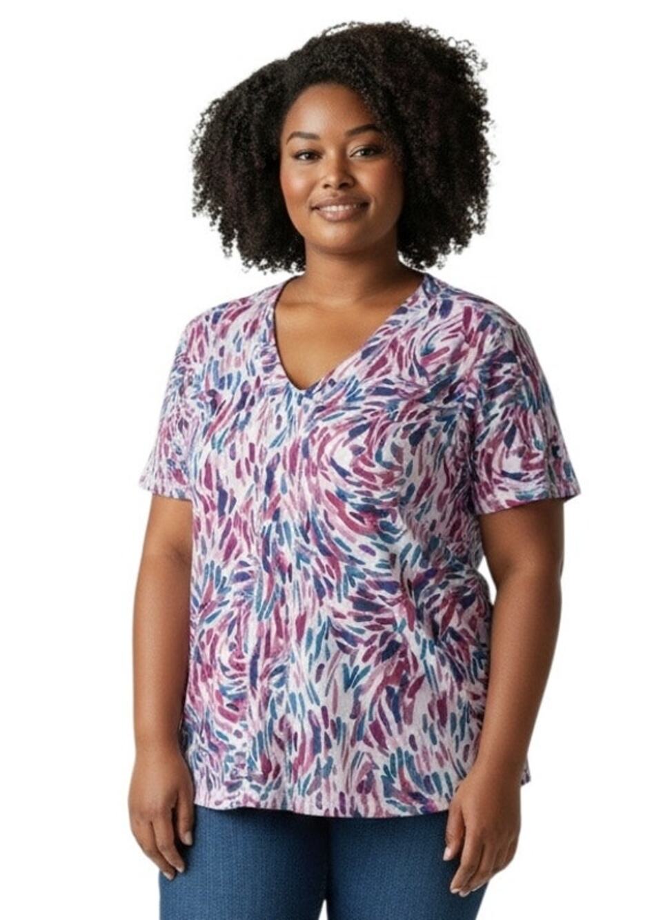 Westbound Dancing Daubs Purple Blue White V-Neck Top Size 1X